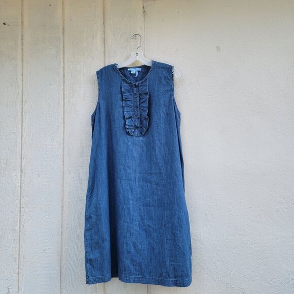 Draper James Dresses & Skirts - Draper James Sleeveless Dark Denim Chambray Ruffle Shift Dress Wmns Sz L Pockets